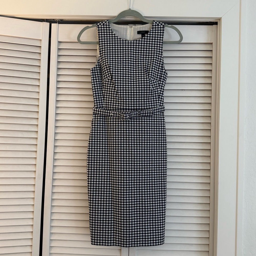 J. Crew Navy and White Gingham Belted Midi Dress 000